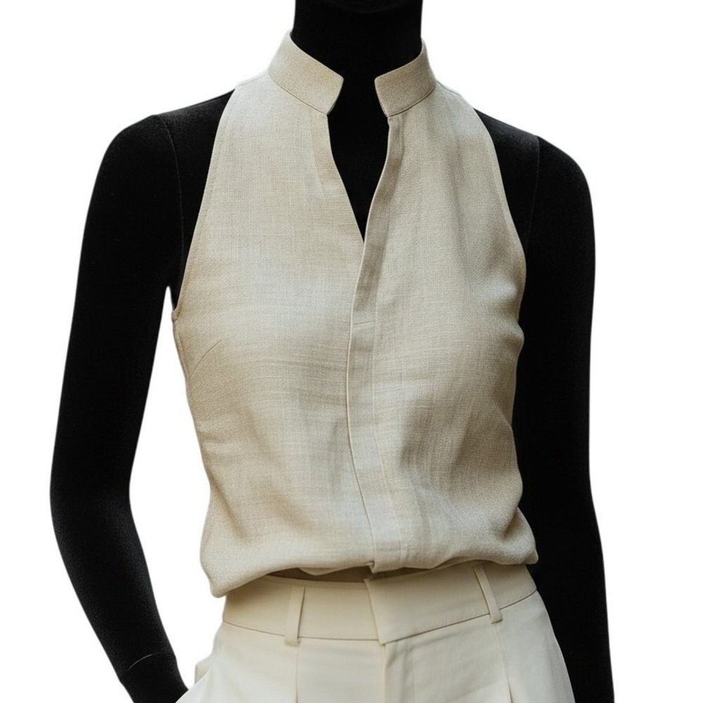 New S Cream Linen Look Sleeveless Mandarin Collar Button Tank Top